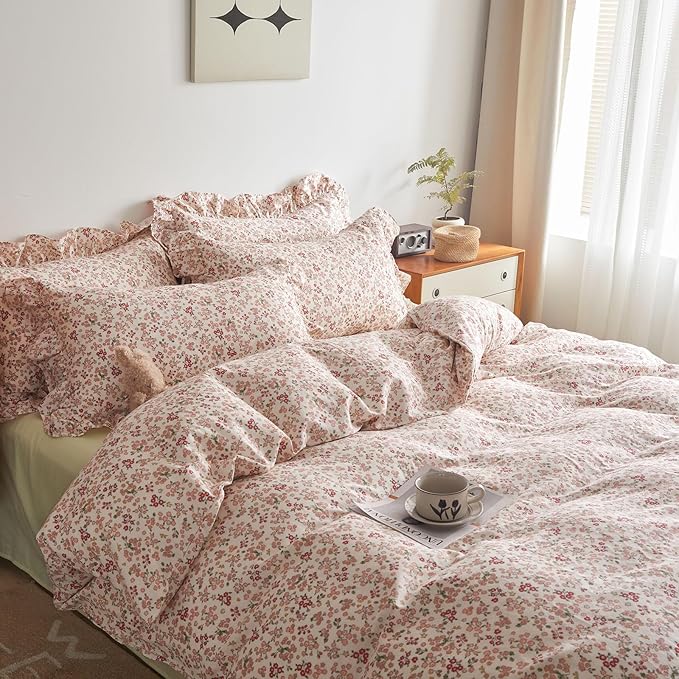 HighBuy Pink Floral Ruffle Comforter Set Twin XL Size Country Style Bedding Comforter Set Twin XL Smooth Soft for Teen Girls 3 Piece Boho Comforters with 2 Pillowcases,Easy Care
