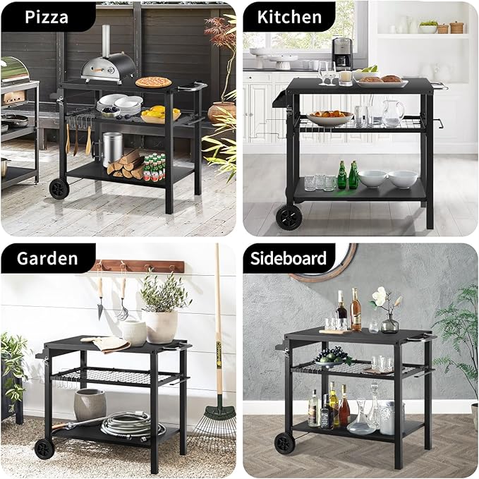 DNKMOR Dining Cart Table with Three Shelf, Movable Outdoor BBQ Grill Pizza Oven Stand with Three Hooks, Kitchen Cart Island Multifunctional Food Prep Table for Inside and Outside (Black)