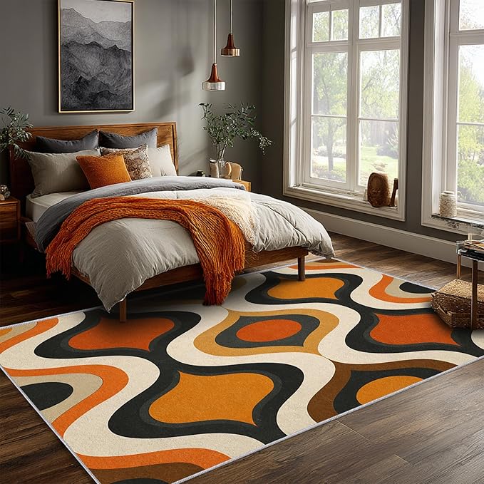Retro Wave Area Rug 3x5, Mid-Century Modern Geometric Rug, Orange Brown Abstract Carpet for Living Room Bedroom, Soft Non-Slip Washable Rug