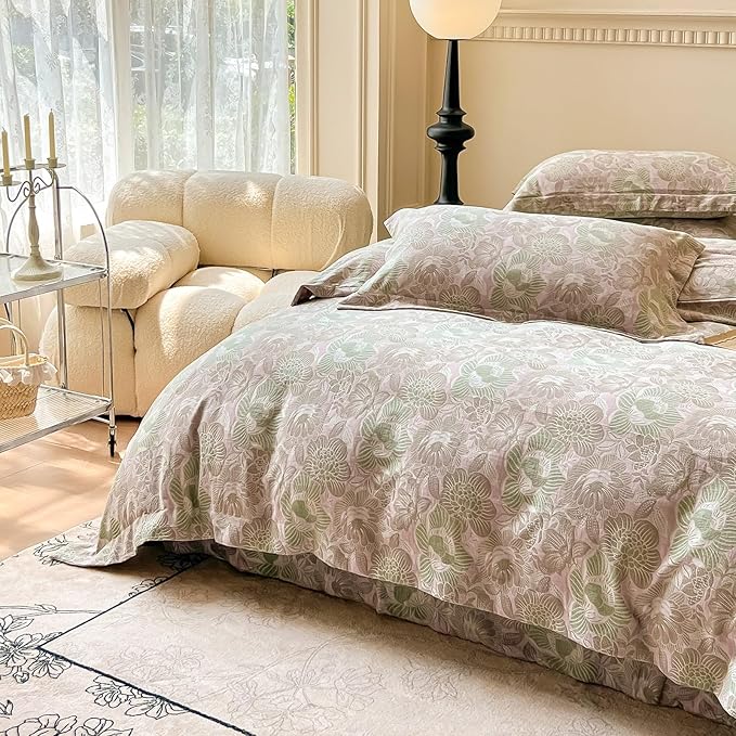 EAVD Vintage Style Pink Floral Duvet Cover Queen Soft 100% Cotton Muslin Yarn-Dyed Jacquard Textured Duvet Cover with Zipper Closure Linen Like Gauze Floral Bedding Set with 2 Pillowcases