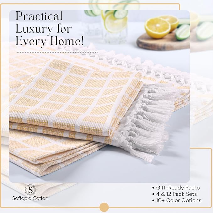 Matrix Dobby Kitchen Towels 12 Pack, 100% Cotton, 16x26 Inches, Absorbent Tea Towels with Handmade Tassels, Reusable Washable Cloths for Quick Drying and Cleaning - Pale Yellow, White