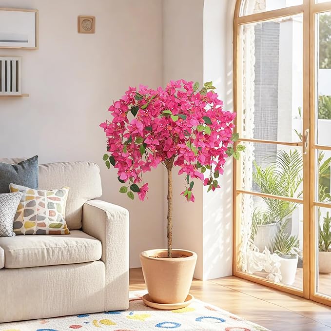 4 Feet Artificial Bougainvillea Trees, Fake Bougainvillea Pink Flowers Tree with Black Plastic Pot, Outdoor Faux Blooming Plants Potted 2 Packs for Decor Front Porch Indoor or Home Office (47 inch)