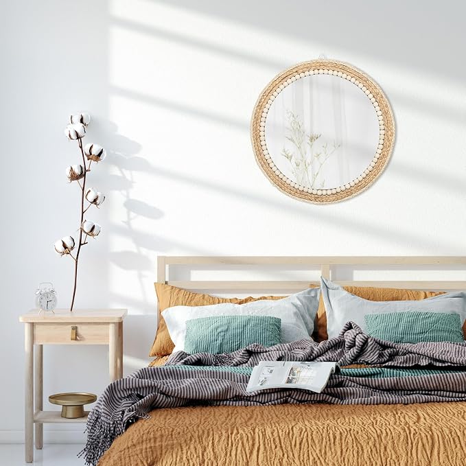 18 Inch Boho Round Hanging Wall Mirror Decorative Rattan Circle Mirrors for Farmhouse, Living Room, Bedroom