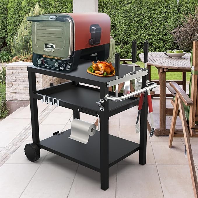 BBQCuker 29.5''x19.6'' Outdoor Grill Cart, Pizza Oven Table Stand, 3-Shelves Food Prep Table for Ninja Woodfire, Ooni Pizza Oven, 17'' & 22'' Blackstone Griddle, Grill Stand for Picnic, Camping