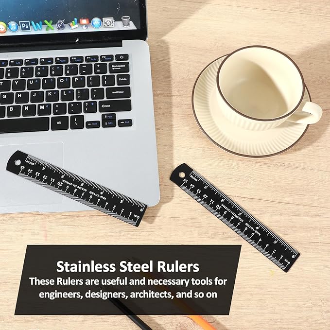 2Pcs 6 Inch 15cm Metal Ruler Set, Stainless Steel Metric Rulers with Centimeters Millimeters Inches, High Contrast Measuring Ruler for School Geometry Office Crafting(Black)