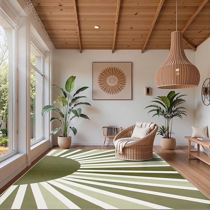 Lahome Green Area Rug: 5'x7 'Ultra-Thin Machine Washable & Non-Slip with Cute Boho Rainbow Sun Print for Living Room, Nursery, Bedroom, Entryway & Office