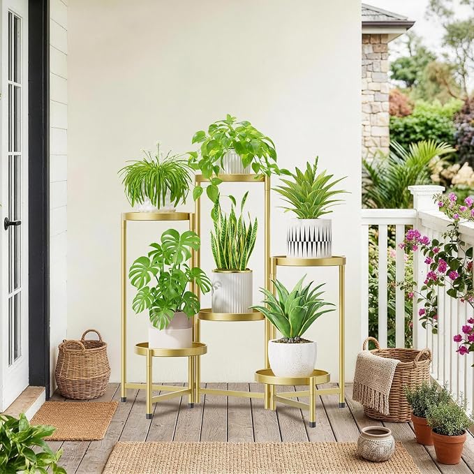 iDavosic.ly 6 Tier Large Plant Stand Indoor, 10 Inch Wide Tall Corner Metal Plant Stands Outdoor for Multiple Plants, Folding Tiered Flower Display Holder Rack Shelf, Gold