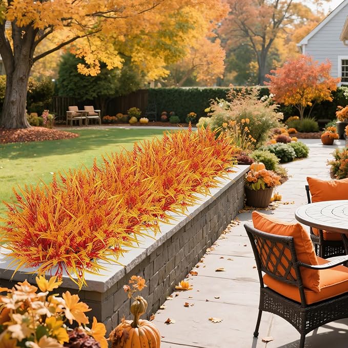 Ouddy Decor 24 Bundles Artificial Fall Flowers for Decorations, Fake Mums Faux Lavender Monkey Grass Plastic Plants UV Resistant for Garden Porch Farmhouse Autumn Harvest Thanksgiving Decor, Orange