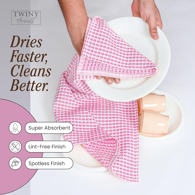 TWINY threads Circle Waffle Dish Towels 4 Pack, 16x26 Inches, 100% Cotton, Premium, Breathable, Quick Dry, Multi Purpose Kitchen Cloths, Suitable for Everyday Use, Housewarming Gifts, Assorted