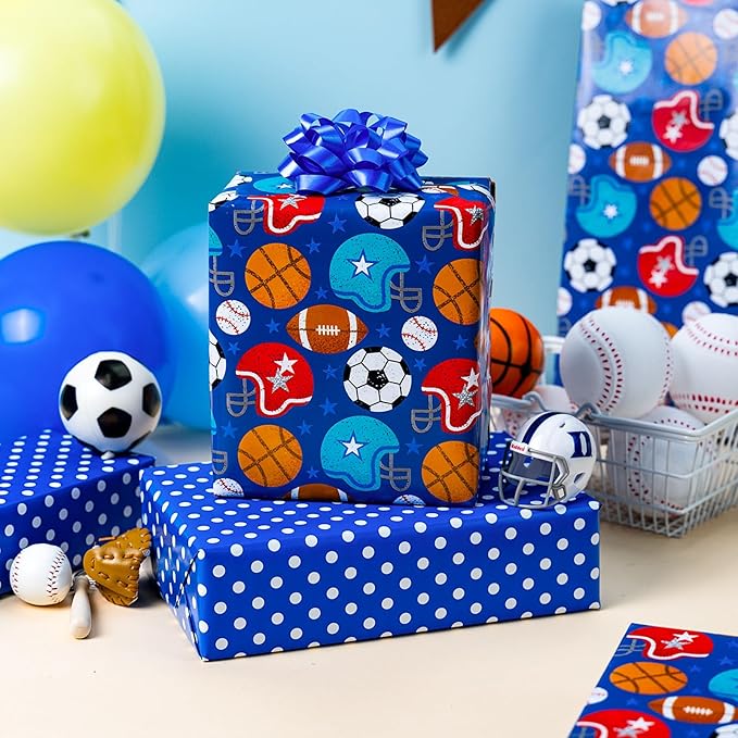 Homeral Football Reversible Wrapping Paper Roll - Mini Roll -17 Inch x 16.5 Feet, Sport Theme Gift Wrap for Boys Birthday, holiday, Game Lovers