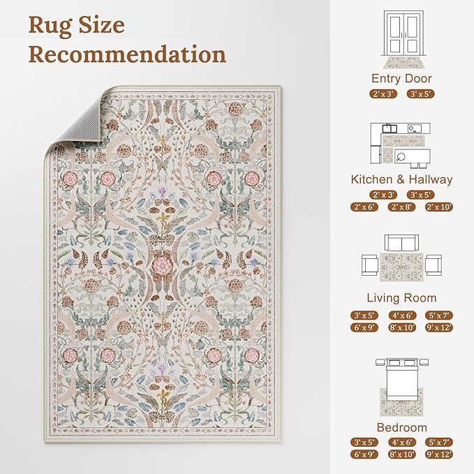 AMTOVO 2x3 Washable Entryway Area Rug Door Mat, Vintage Boho Floral Distressed Print Non-Slip Carpet, Small Throw Rug for Indoor Entrance Kitchen Bedroom Bathroom Laundry Floor, Beige