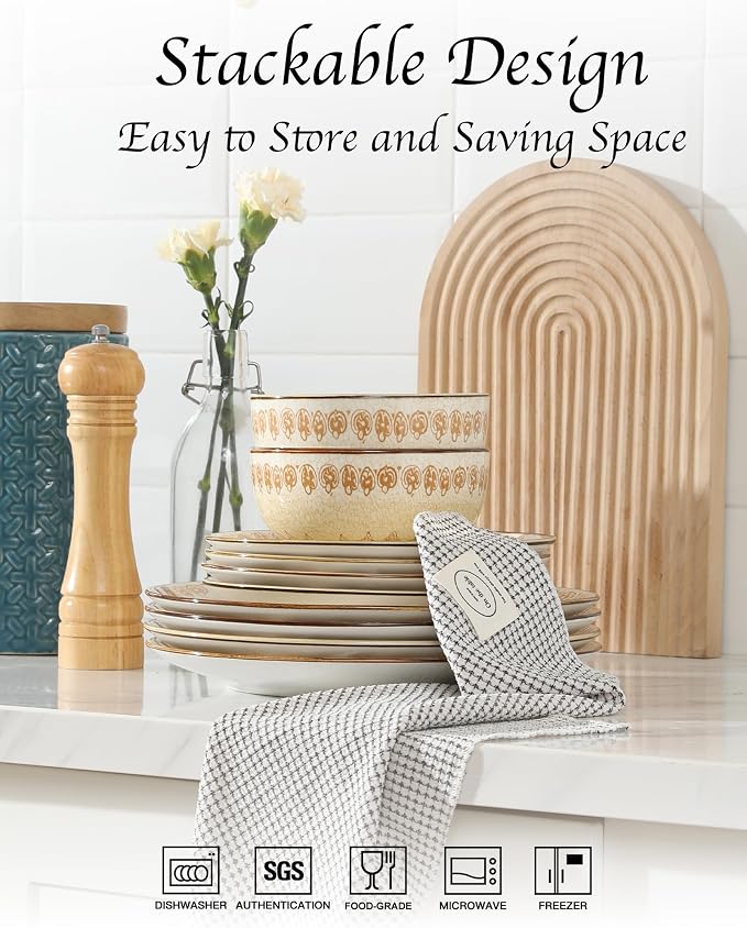 Sweejar Dinnerware Sets Service for 4, 12 pcs Porcelain Plates and Bowls for Kitchen, Housewaring Gift, Chip and Scratch Resistant Dish Set, Handmade Dishwasher and Microwave Safe Plate Set, Bohemian