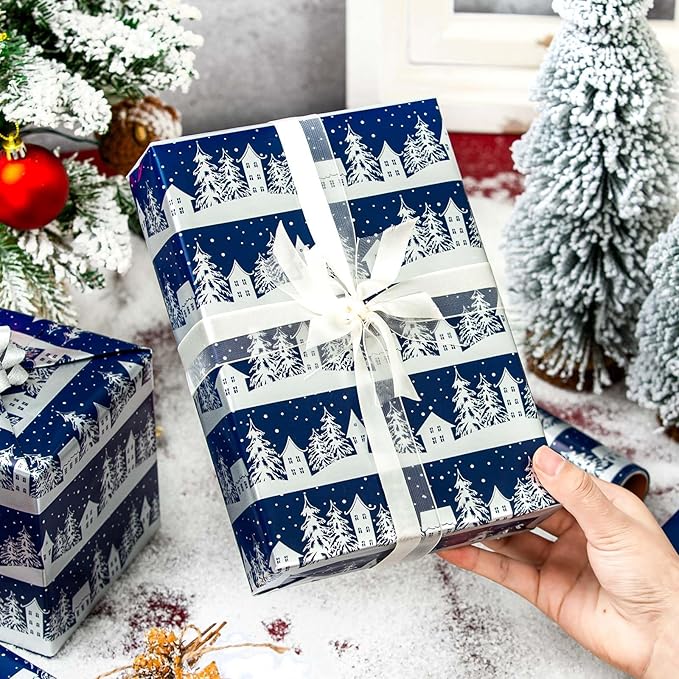 MAYPLUSS Christmas Wrapping Paper Roll, 17 Inch X 16.5 Feet Gift Wrapping Paper Featuring Navy Blue Christmas Tree House Reversible Snowflake, Thick Wrap Paper for Holiday Party New Year Kids