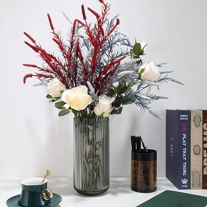 Large Cylinder Ribbed Grey Glass Flower Vase for Farmhouse Dining Table Centerpieces Decor