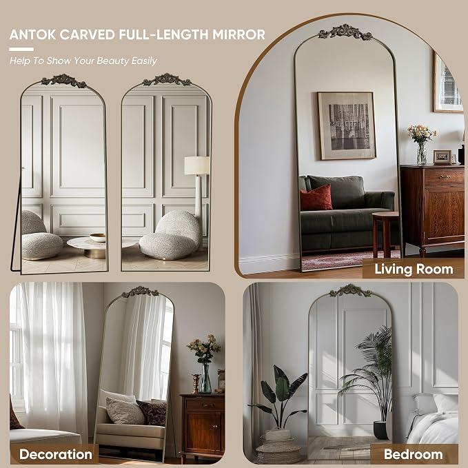 Antok Arched Full Length Mirror, 76"x34" Floor Mirror with Carved, Full Body Mirrors for HomeDecor, Standing/Halling Large Wall Mirror for Bedroom, Living Room, Cloakroom, Bronze, Retro Style
