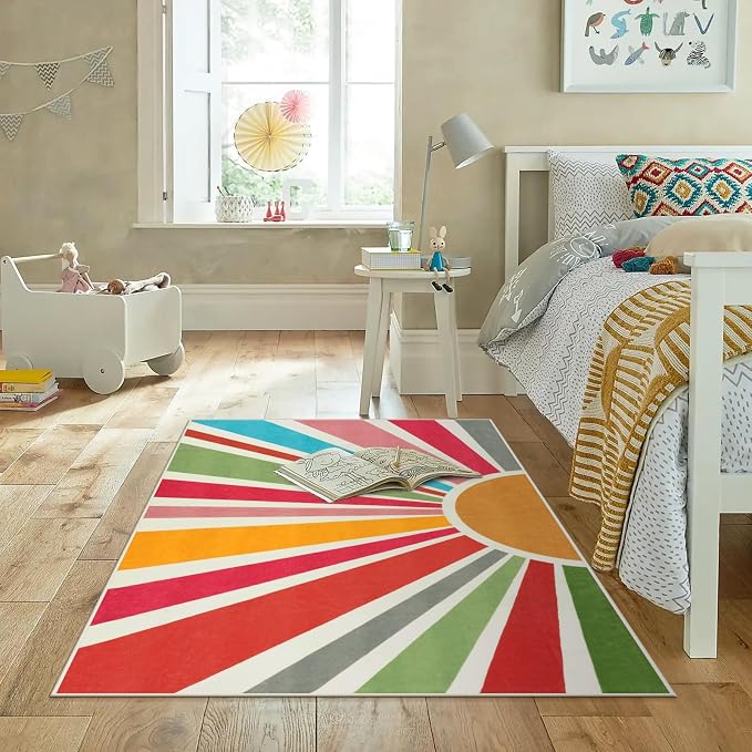 STARUIA Boho Washable Rug 4'x6' Kids Area Rug for Playroom, Non-Slip Kids Rug for Bedroom, Rainbow Modern Sun Carpet Soft Throw Sunshine Rugs for Office Nursery Entryway Dorm