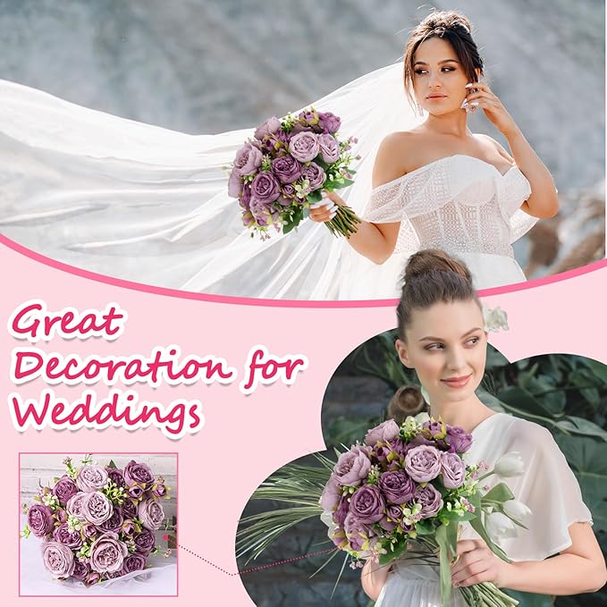 Olgaa 12 Bundles Peonies Artificial Flowers Artificial Peonies Silk Flowers Bulk Fake Peony Bouquet for Bridal Shower Decorations Wedding Table Centerpiece (Purple)
