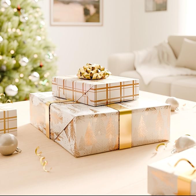 American Greetings Foil Christmas Wrapping Paper Roll, Metallic Vintage Gold and White Holiday Gift Wrap (30 sq. ft., 1 Reversible Roll-30 in. x 12 ft.) Plaid and Trees