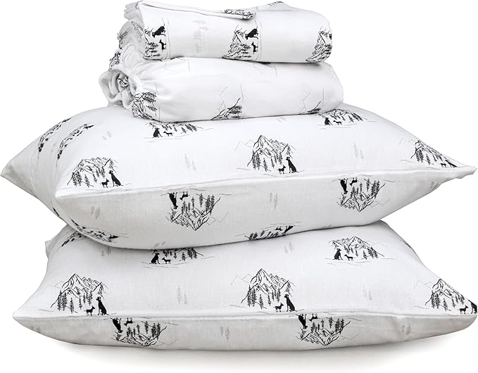 RUVANTI Flannel Sheets California King Size - 100% Cotton Brushed Cal King Bed Sheets Set - Deep Pockets 14 Inches - All Seasons Breathable & Extra Soft - Warm & Cozy, 4 Piece, Soul Dog White