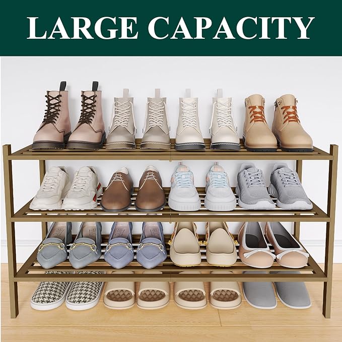 Smiry Long Bamboo Shoe Rack 3-Tier, Stackable Wooden Shoe Organizer for Entryway & Closet, Free Standing Wood Shoe Storage Shelf for Front Door & Small Spaces, Walnut