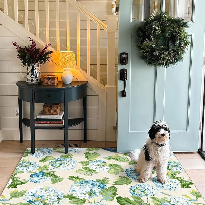 3x5 Floral Entry Rug - Small Washable Indoor Outdoor Mats for Front Door Non-Slip Porch Rug Blue Green Botanical Flower Throw Rugs for Living Room Bedroom Entryway Kitchen Office Porch Decor
