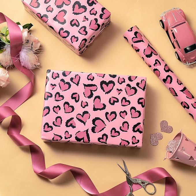 WRAPAHOLIC Leopard Wrapping Paper - Mini Roll - 17 Inch x 16.5 Feet - Pink Heart Wrapping Paper Perfect for Girls Birthday, Valentine's Day, Baby Shower, Wedding