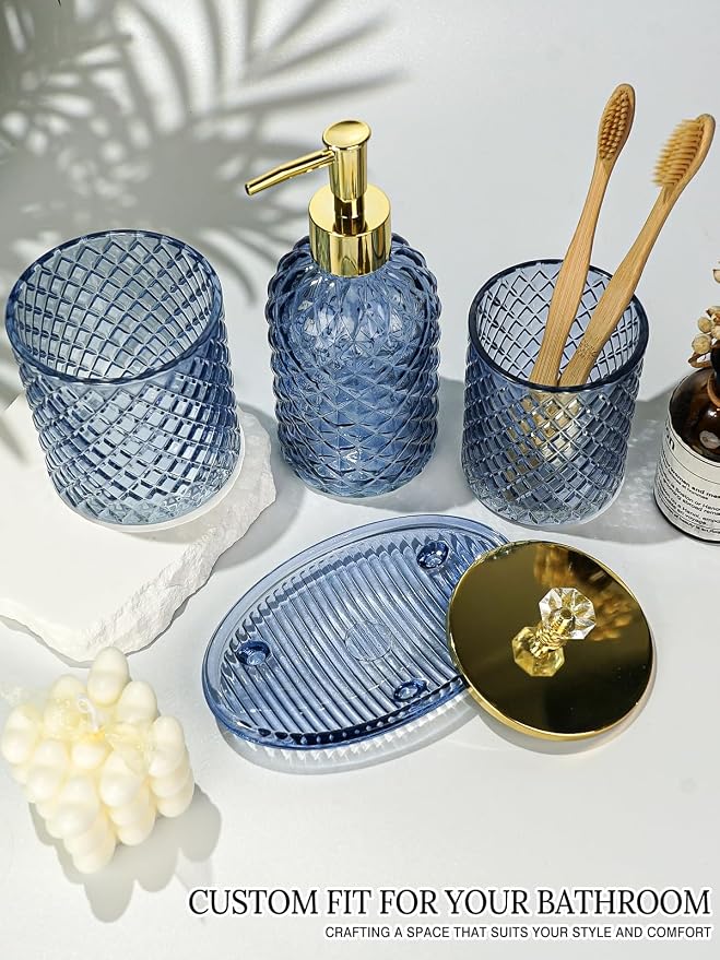 Haturi Blue Bathroom Accessories Set, 4Pcs Glass Bathroom Accessory Set Complete w/Lotion Soap Dispenser, Toothbrush Holder, Qtip Holder, Soap Dish, Blue Bathroom Decor Sets, Gift for Home Apartment