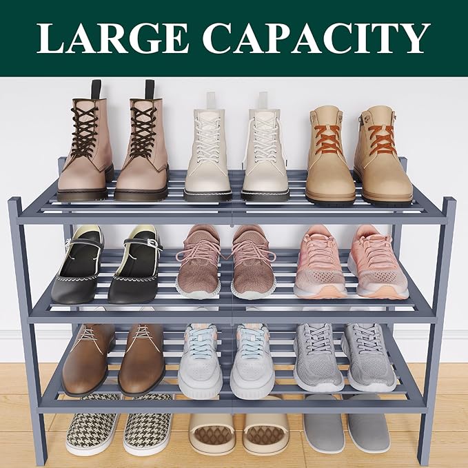 Smiry Bamboo Shoe Rack 3-Tier, Stackable Wooden Shoe Organizer for Entryway & Closet, Free Standing Wood Shoe Storage Shelf for Front Door & Small Spaces, Grey