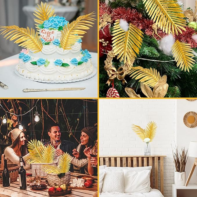 CCINEE 12 PCS Golden Artificial Palm Leaves, Assorted Sizes Faux Large Palm Fronds Fake Tropical Plant Simulation Safari Leaves with Stems for Home Hawaiian Luau Party Jungle Beach Theme Party