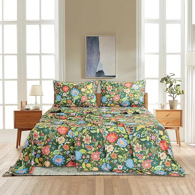Bedlifes Twin Sheet Set Ultra Soft, Breathable, Silky Flower Deep Pocket 100% Microfiber Bedding, 3 Piece Twin Size with Floral Dark Green