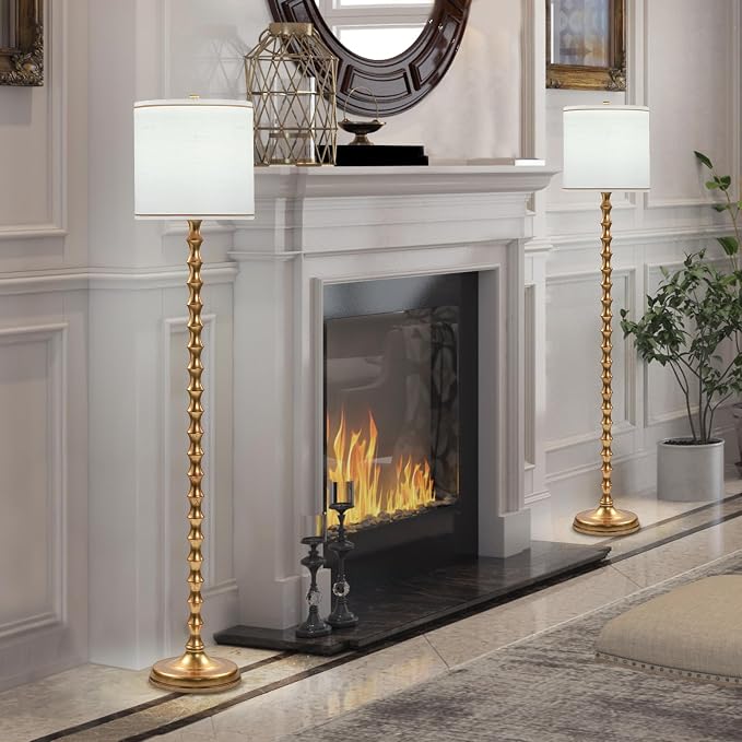 EUO 64.5" Gold Floor Lamp for Living Room, Gold Bamboo Floor Lamps for Bedroom, Tall Skinny Lamp for Home Decor, Mid Century Antique Floor Lamps with White Lampshade