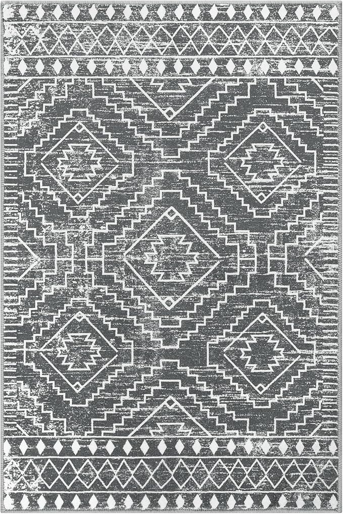 Wonnitar Moroccan 4x6 Area Rug, Washable Dark Gray Living Room Rug, Non-Slip Boho Rug for Bedroom, Farmhouse Non-Shedding Soft Indoor Carpet for Kitchen Entryway Mud Room (Dark Grey,4'x6')
