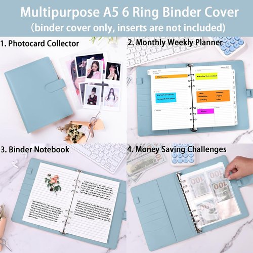 Antner A5 Notebook Binder - Refillable PU Leather Budget Planner Cover | Cash Organizer & Kpop Photocard Holder in Airy Blue