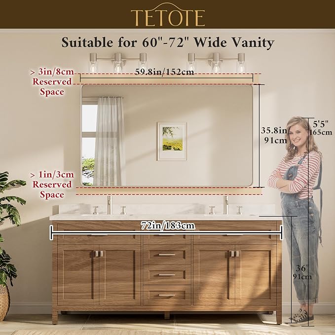 TETOTE 60 x 36 Inch Mirrors for Bathroom, Brushed Brass Gold Vanity Mirror, Large Rectangular Metal Frame Modern Wall Mirror for Living Room Shatterproof (Horizontal/Vertical)