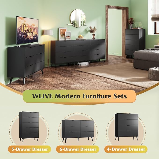 WLIVE 4 Drawer Dresser for Bedroom, Wooden Black Tall Dresser, Modern Dressers with Sturdy Metal Handle, Small Chest of Drawers for Living Room, Hallway