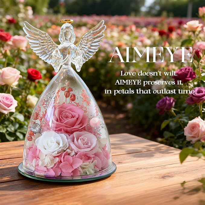 Christmas Roses Gifts for Mom,Preserved Real Flowers Roses in Glass Angel Figurines, for Grandma Women Mom Wife Mother in Law/Pink
