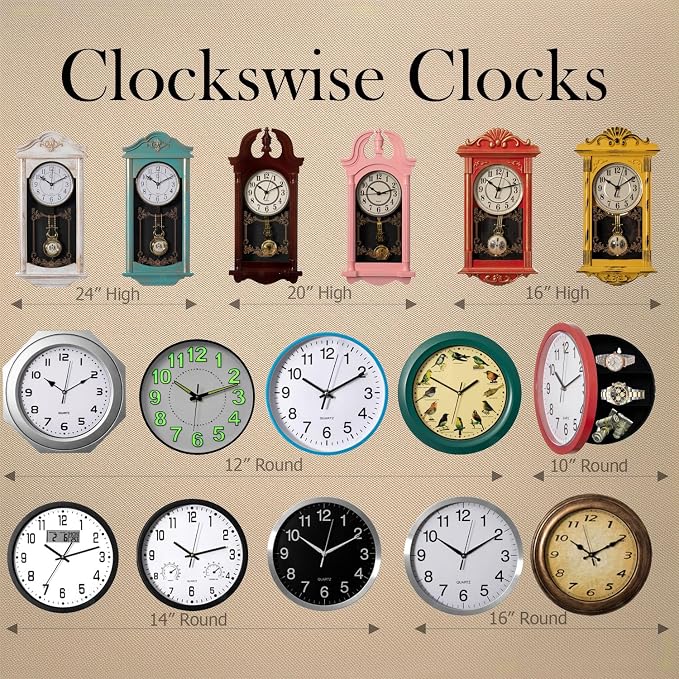 Clockswise Vintage Grandfather Wood - Looking Plastic Antique Pendulum Wall Clock for Living Room Decor, Kitchen, Office, Or Dining Room, Silent Wall Mount Battery-Operated (Yellow)