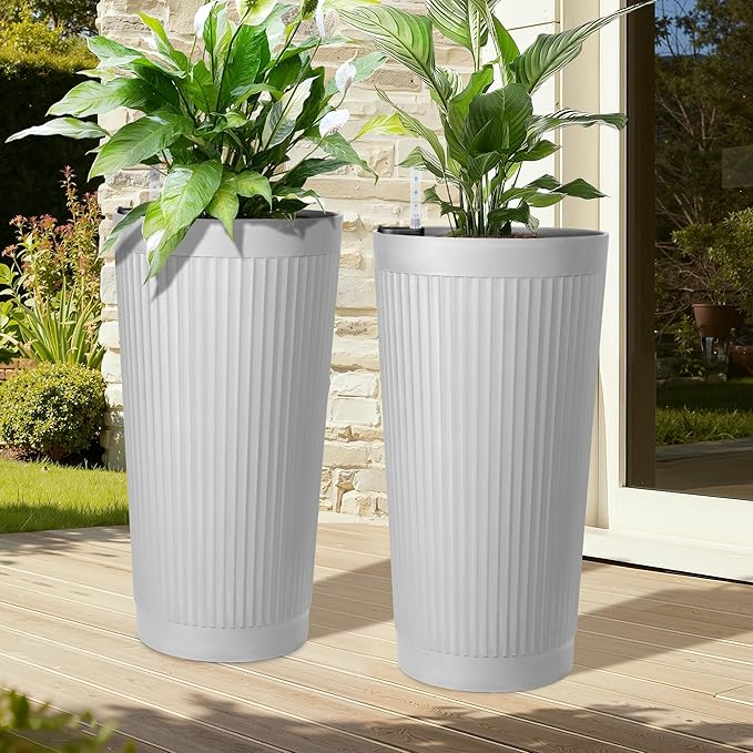 24" Tall Self Watering Planters for Indoor Plants, 2 Pack Large Plastic Outdoor Planter Pots with Built-In Water Reservoir and Level Indicator, Decorative Modern Flower Pots for Home & Patio (White)
