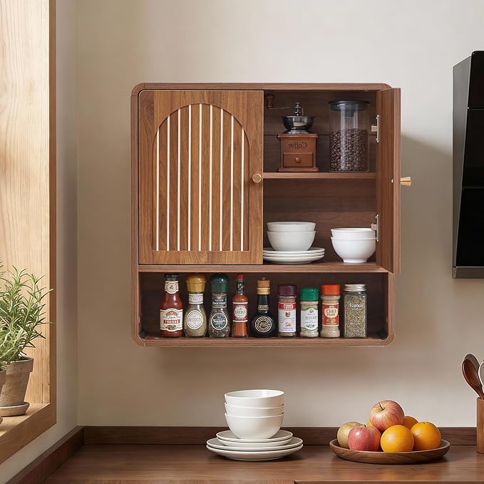 Wall Mounted Storage Cabinet for Bathroom, Mid-Century Wood Medicine Cabinet with Adjustable Shelf & Door, Over Toilet Organizers for Bathroom, Laundry Room, Kitchen (Walnut Color)