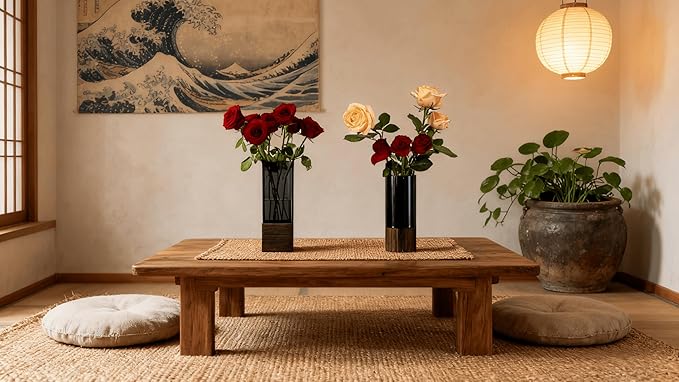 Shatterproof Acrylic Flower Vase with Wood Base–10”H*4.7''W Modern Table Centerpiece for Home Office Decor, Holds Fresh/Dried Stems, Lightweight&Stable, Present for Housewarming Christmas(Rectangular)