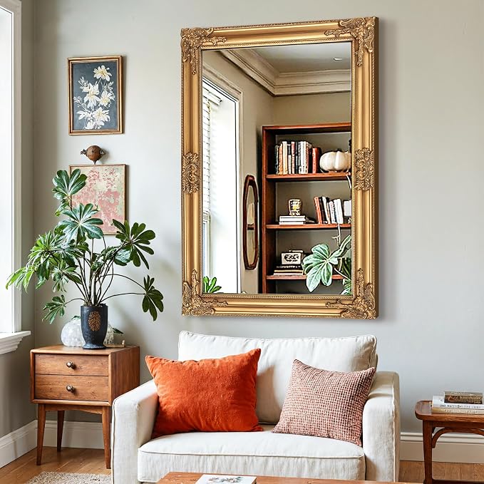 TRAHOME Vintage Gold Mirror for Wall, 30"x45" Antique Decorative Baroque Mirror with Imitation Metal Frame, Ornate Decorative Wall Mirror Decor for Entryway, Fireplace, Living Room, Hallway