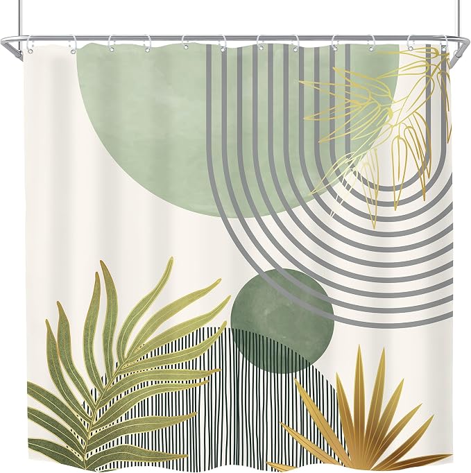 KOMLLEX Mid Century Mint Green Boho Shower Curtain 72Wx72L Inches Abstract Modern Shower Curtains for Bathroom Decor Plant Botanical Minimalist Arch Sun Fabric Liner Waterproof Polyester 12 Pack Hooks