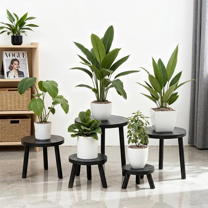 Delma Wood Plant Stands Indoor, 5-Pack Single Plant Stand for 6-12 Inch Pots, Mid-Century Modern Plant Stool, Tall Plant Stand for Large Plants for Living Room, Balcony, Office (Black, 5-Pack)