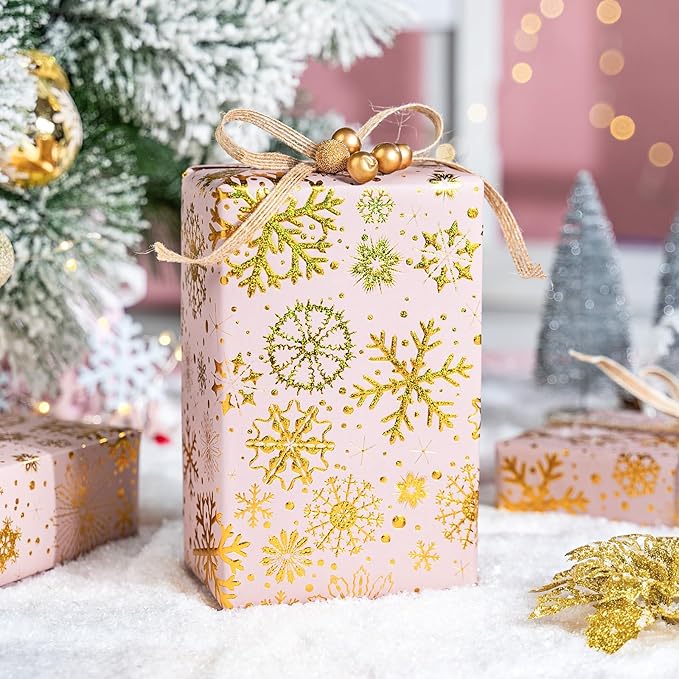 Flyhill Kraft Christmas Wrapping Paper,Snowflake Metallic Gold Embossed Foil Gift Wrap Roll, Pink and Gold Luxury Design for Holiday, Party,Celebration, New Year (17 Inch X 32.8 Feet)