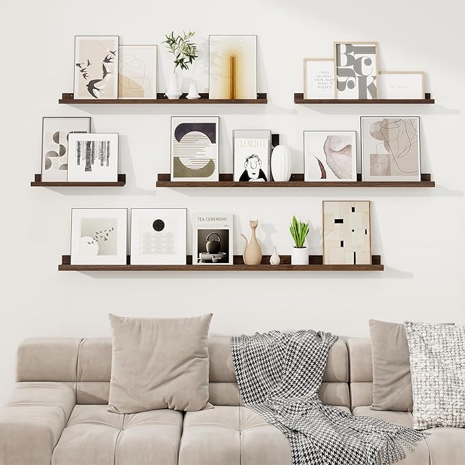 RICHFOCUS Picture Ledge Shelf, 48 inch Floating Shelves Set of 2, Wood Wall Shelves with Lip, Wall Decor Storage for Bedroom Living Room Bathroom Kitchen Nursery Photo Picture, Walnut