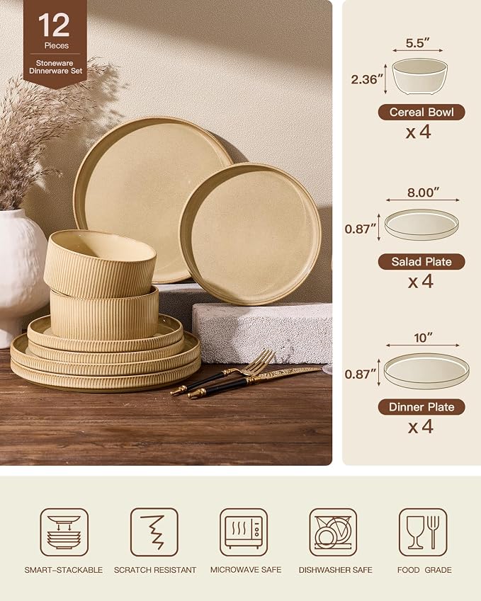Stoneware Dinnerware Sets, Handcrafted Double Reactive Glaze Plates and Bowls for Everyday & Formal Dining, Microwave & Dishwasher Safe, Scratch Resistant Dishes Service for 4 (12-Piece), Cream