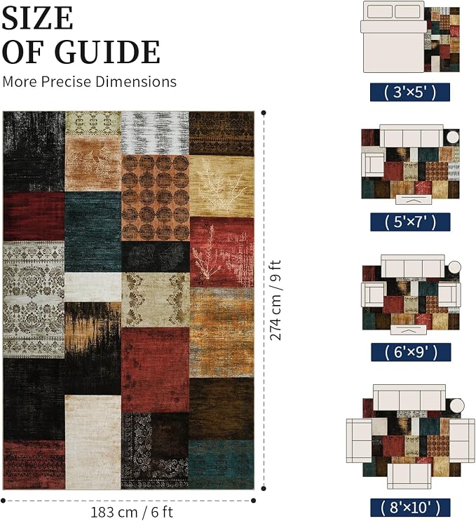 YIHOUSE Mid Century Modern Cowboy Area Rug 6x9 for Living Room,Retro Patchwork Rug Non Slip,Red and Brown Floral Farmhouse Rugs Washable, Geometric Boho Area Rug for Kitchen,Dining Room,Bedroom