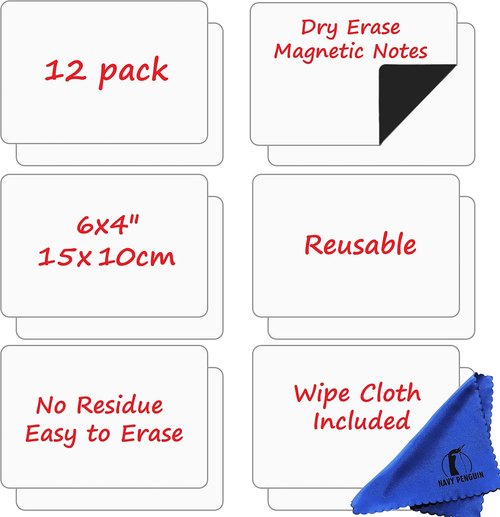 Dry Erase Magnets Set - 12 Pack | 6x4 Inch Magnetic Notes for Home & Office Planning