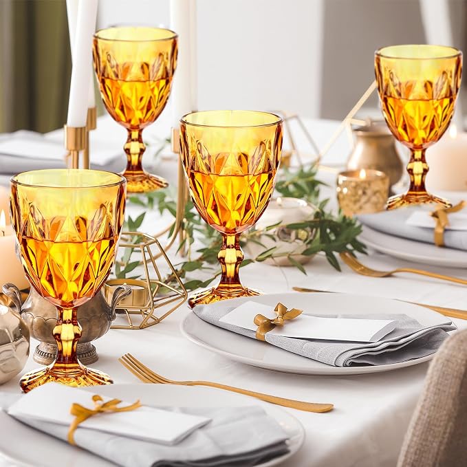 Yinder Glass Goblet Vintage Wine Goblet Embossed Glassware 10 oz Solid Color Glass Stemmed Cups for Iced Tea Beverage Soda Juice Water Liquor and Party Wedding Bars Restaurants(Amber,6 Pack)