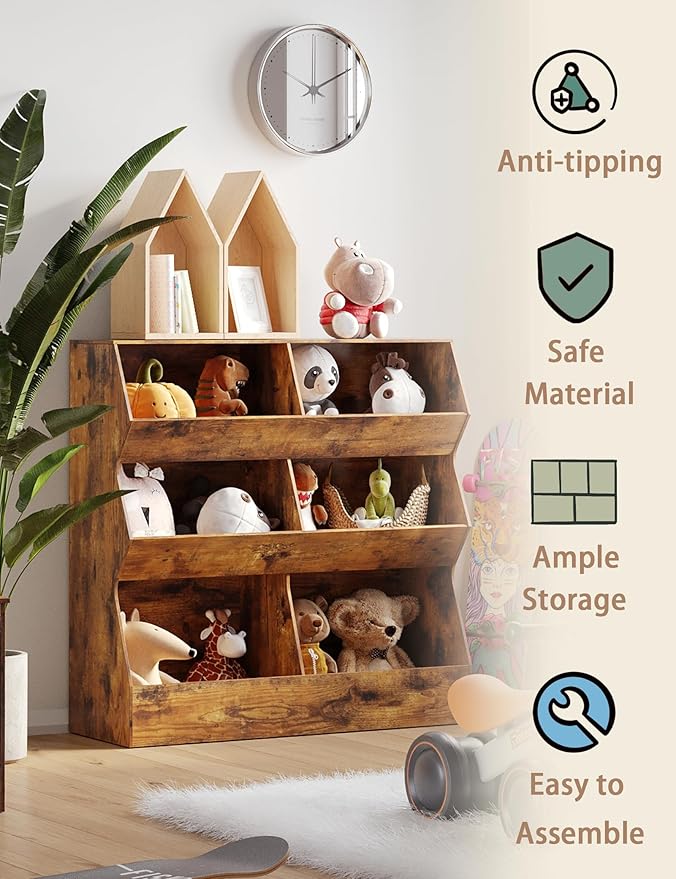DINZI LVJ Toy Storage Organizer, Kids Bookshelf, Wooden Toy Storage Cabinet, 6 Cubby Children Bookcase, 35.4" L Toddler Book Shelf for Playroom, Living Room, Nursery, Hallway, School, Rustic Brown